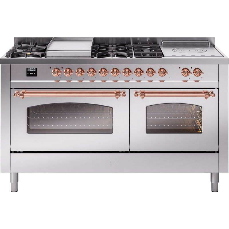 ILVE Nostalgie II 60 Dual Fuel Range, 5 Burners, Griddle, Frenchtop , Natural Gas, Stainless Steel/Copper