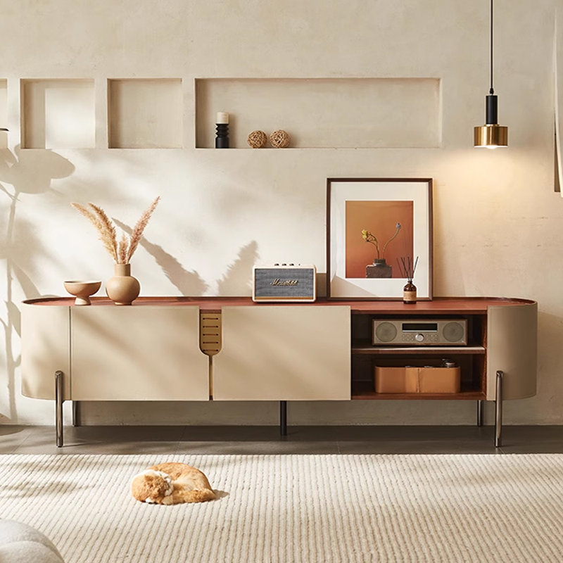 Luxury-modern high-end saddle leather TV cabinet, 21.25"H x 94.48"L x 15.74"W