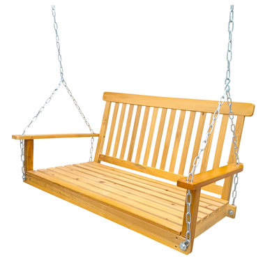Teak Front Porch Swing with Armrests - Heavy Duty Wood Bench Swing with Hanging Chains for Outdoor Patio, Garden, Backyard - 800 lbs Weight Capacity