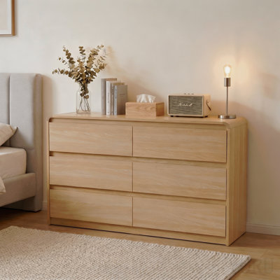 6 Dresser For Bedroom, Modern 6 Drawer Dresser With Spacious Countertop, Wood Storage Cabinet With Concealed Handles & Rounded Corner Design, Wood Dre