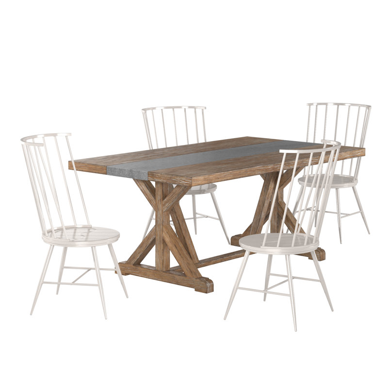 Durga Rustic Pine Frame Concrete Veneer Top Dining Table And Windsor Chairs Set - Stripe Concrete Veneer Top Table And 4 Chairs