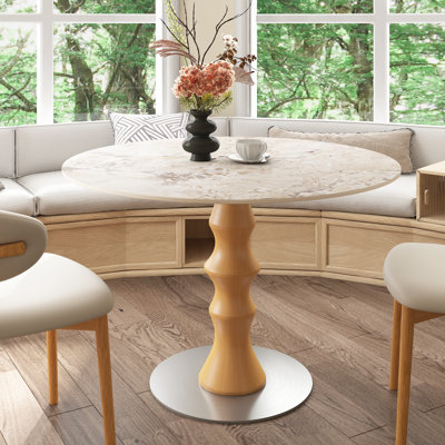 Table de salle à manger en pierre frittée ronde, table de cuisine circulaire pour 2 à 4 personnes, table de salle à manger en bois massif d'inspiration bambou pour la salle à manger, le coin-repas ou le salon