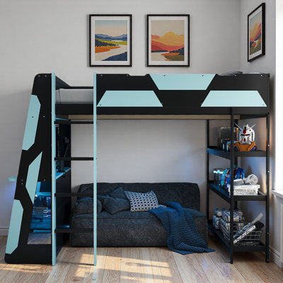 Gaming Loft Bed With Desk, Shelves And Led Lights
