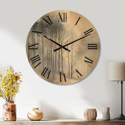 Horloge murale surdimensionnée en bois nature - brouillard d'hiver en forêt, paysage gris et blanc