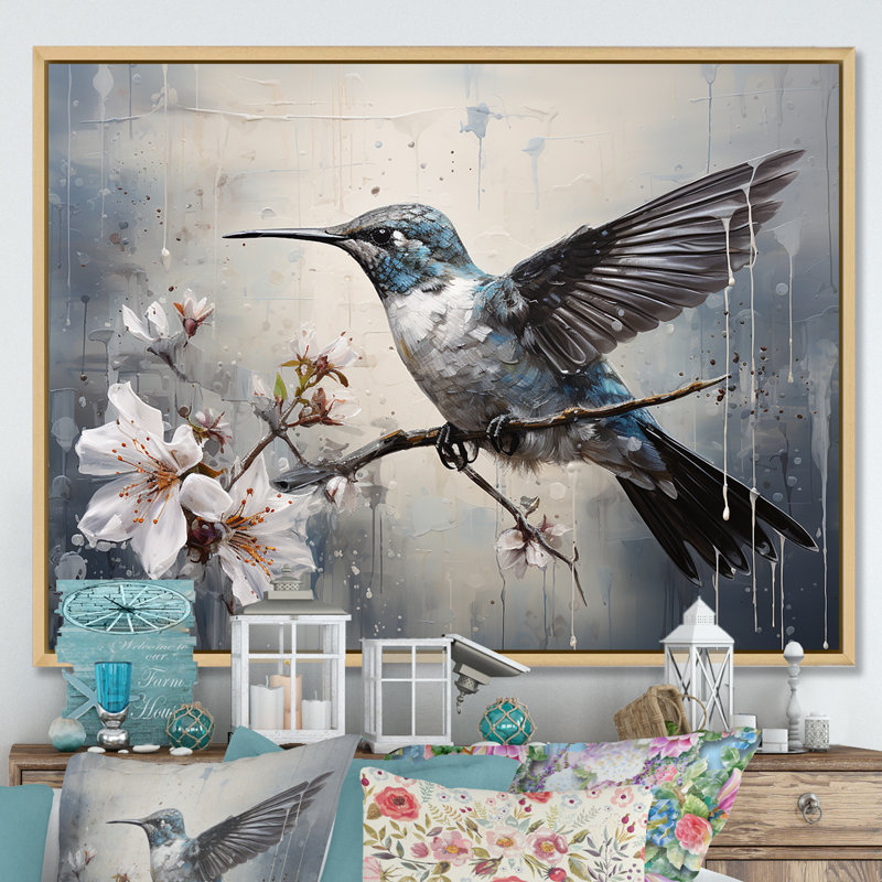 Colibri harmonie florale II sur toile, Cadre naturel flottant, H 34 po x l 44 po