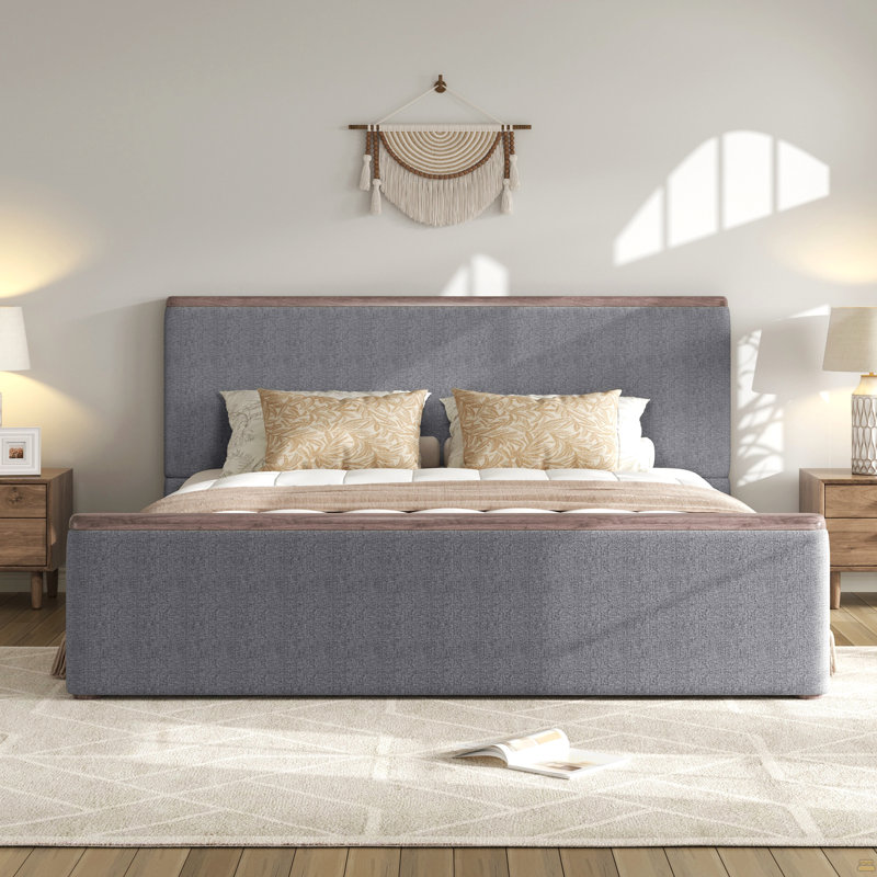 Très grand lit plateforme tapissier avec décoration en bois, Grey