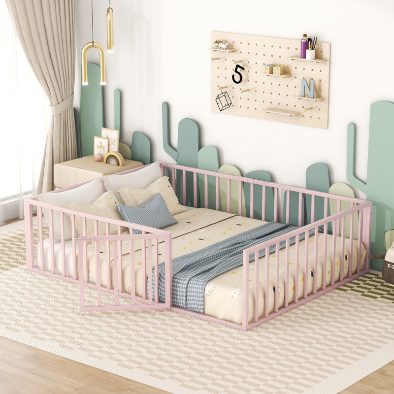 Structure de lit pour grand lit en métal avec clôture et porte, rose