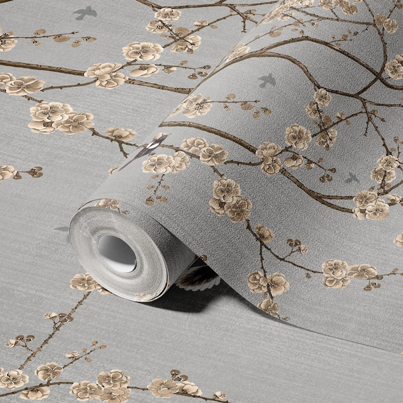 Papier peint fleurs de cerisier en fleurs, L 117,96 po x l 225 po, Gris