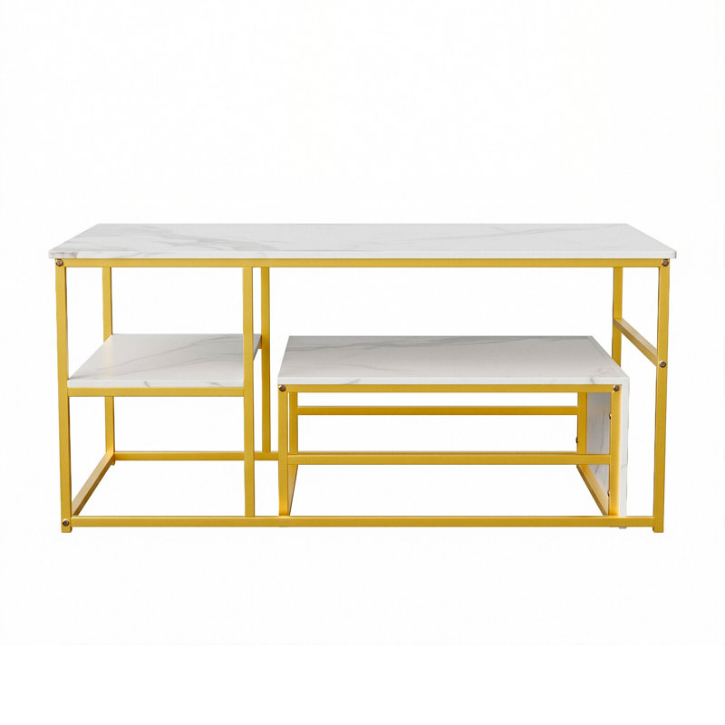 105Cm Modular Coffee Table Set (Set Of 2), Nesting C-Table With Multi-Level Shelves, Wood Grain, Gold & Black, Gold