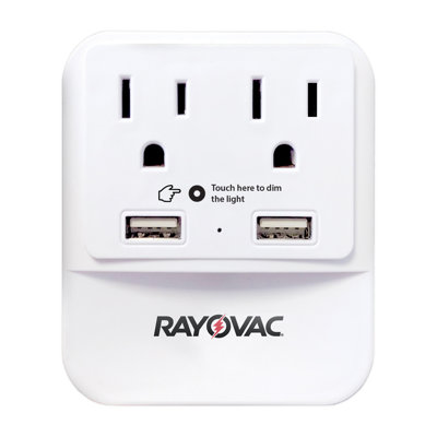 Robinet de protection contre les surtensions / séparateur portatif à 2 prises CA et 2 ports USB RAYOVAC® avec support pour téléphone et veilleuse, blanc