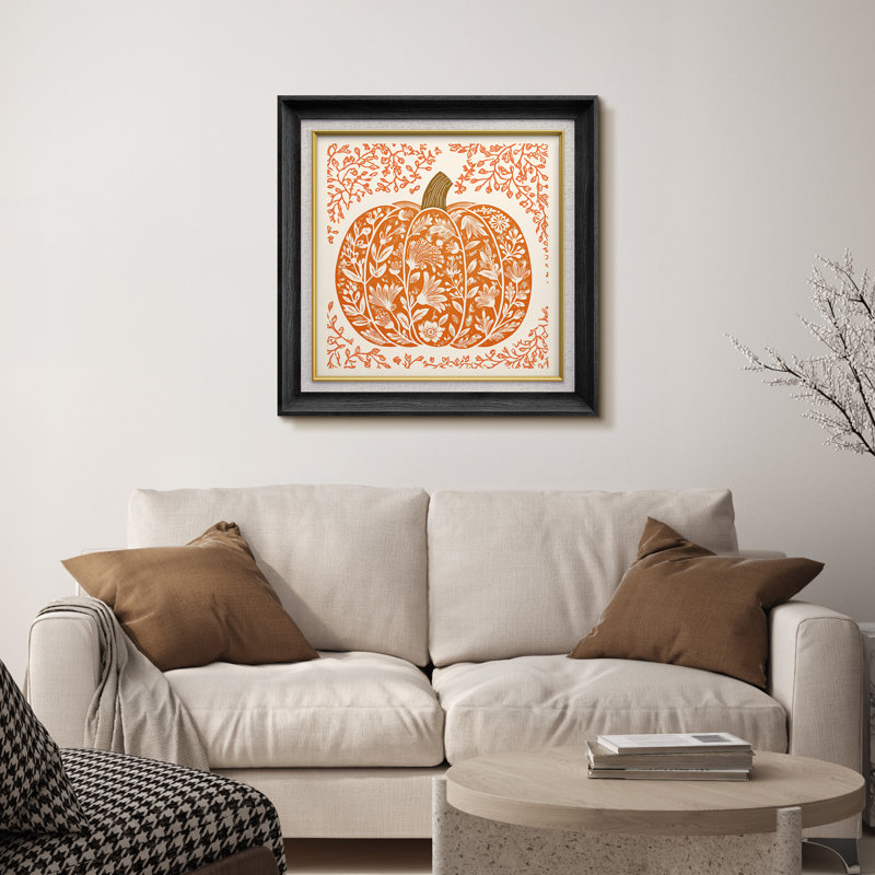Art floral d'automne orange citrouille - impression sur papier encadrée, H 26 po x l 26 po x P 1,5 po