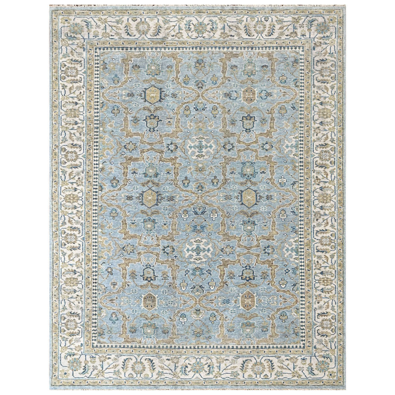 Tapis transitionnel bleu en laine noué à la main 8 pi 11 po x 11 pi 11 po Oushak