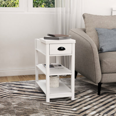 Narrow Side Table In White With Drawers And Bottom Partition, Construction & Partition. Construction, Painting. 180° Flip Over Design. For Various Roo