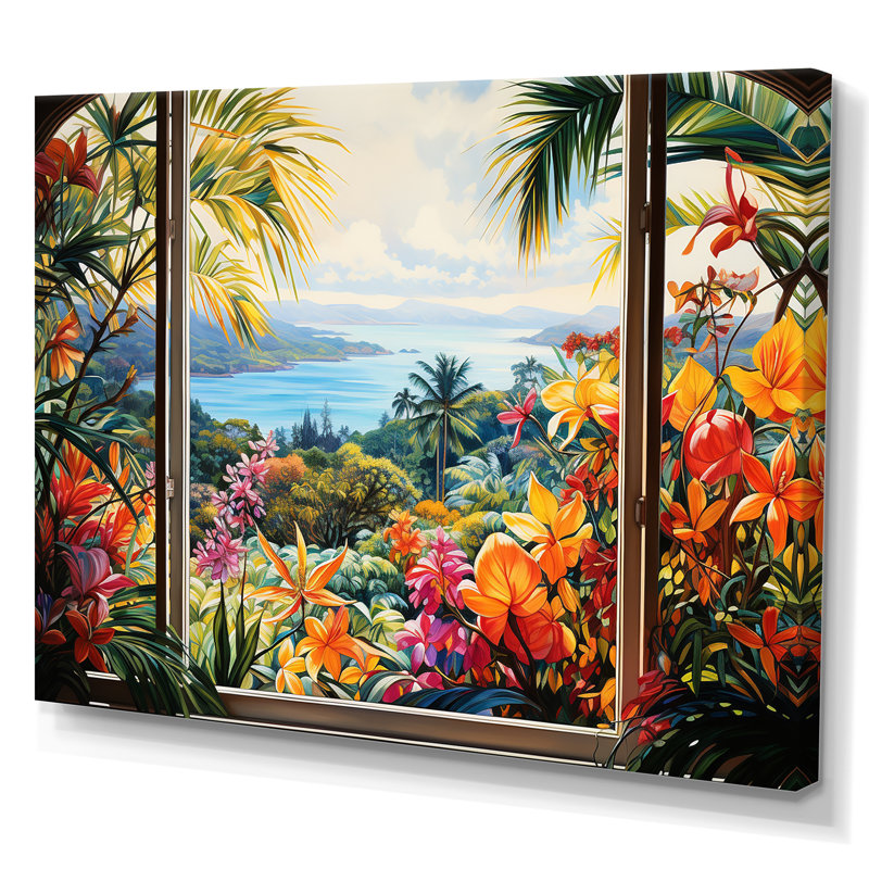 «Tropical Windows View Blooms 4 - Coastal Windows», art mural, H 12 po x l 20 po x P 1 po, Toile tendue