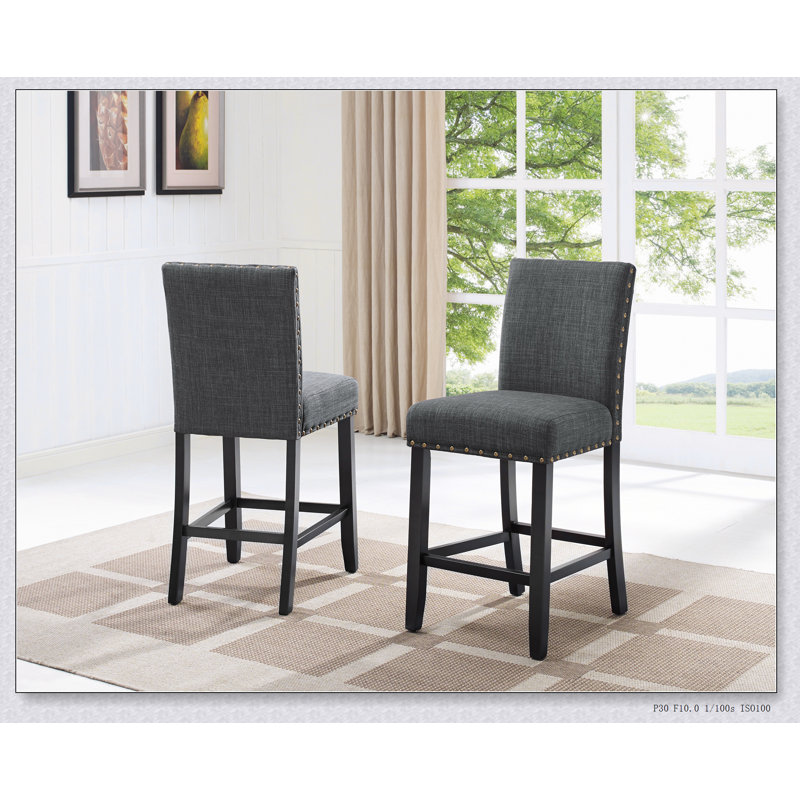 Biony Fabric Counter Height Stools with Nailhead Trim, Set of 2, Gray