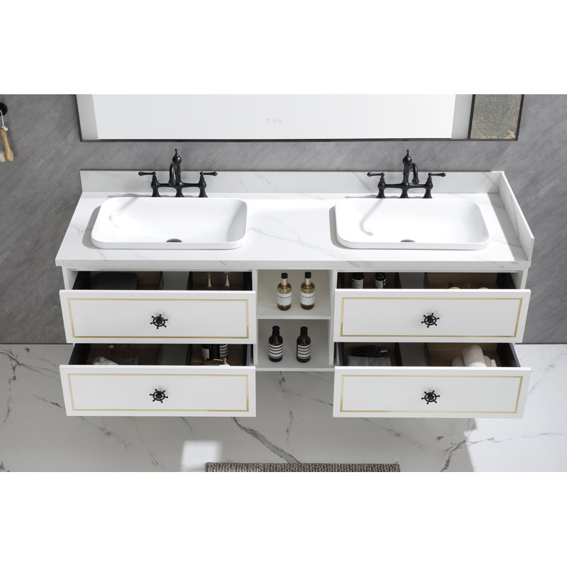 Base de meuble-lavabo mural moderne Ardyn avec tiroirs à fermeture en douceur et tablettes ouvertes (lavabo non inclus)