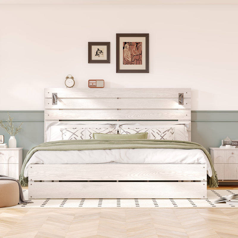 Queen White Bed Frame with 51" Tall Headboard, Integrated Reading Lights, and Rustic Wood Finish, Queen, White