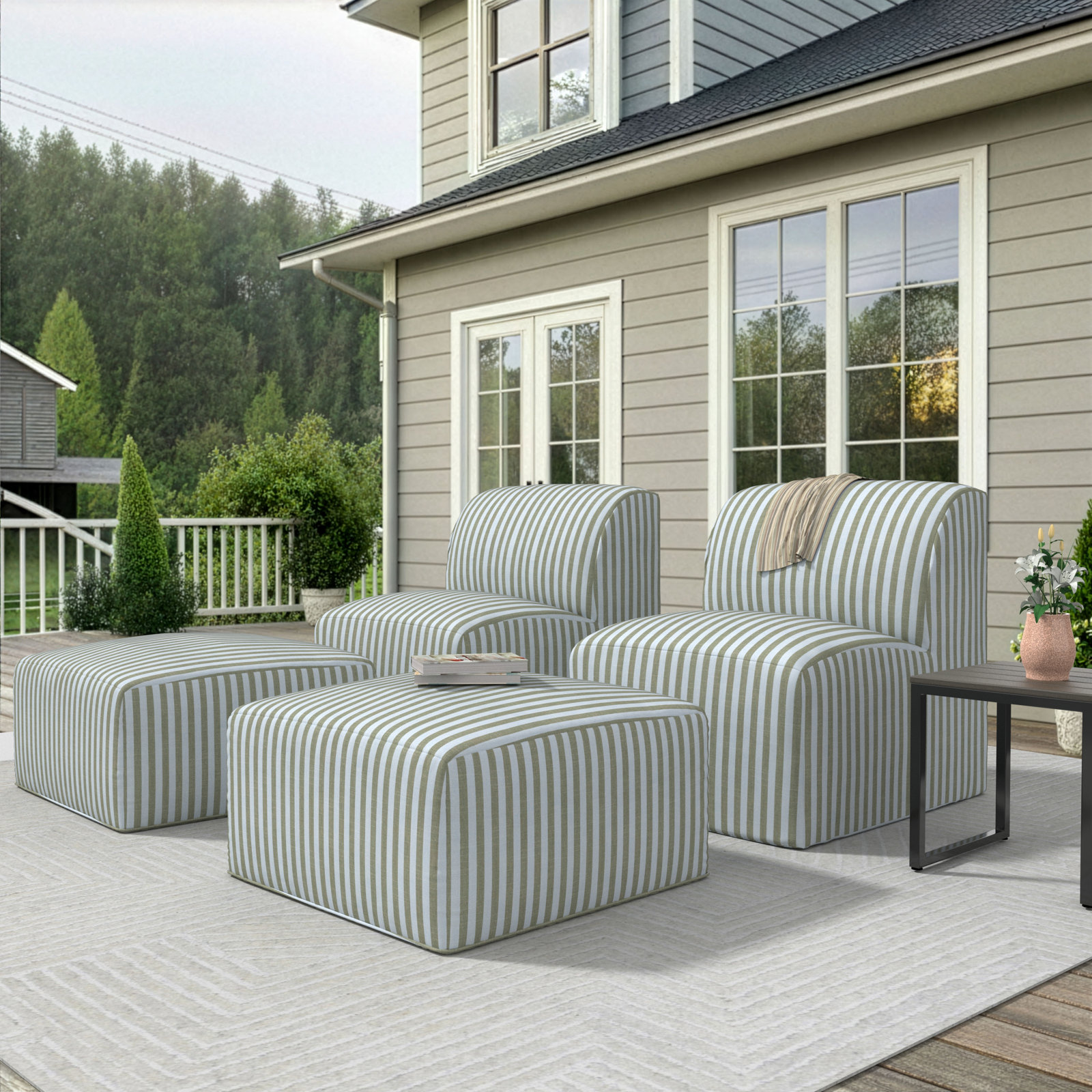 Praia Sunbrella Outdoor Lounge Chairs Set With Ottomans, Green Striped Sunbrella®