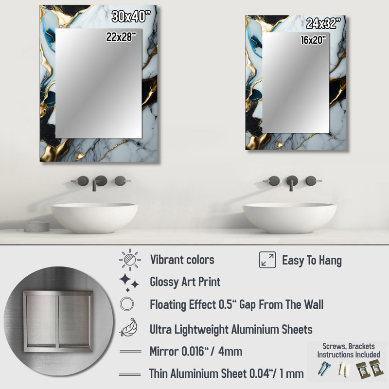 Abstract Geode Gold And White Marble II - Modern Rectangular Wall Mirror, 32" x 24"