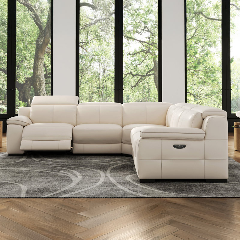 Ellie Top Grain Leather L-Shape Sofa, Beige