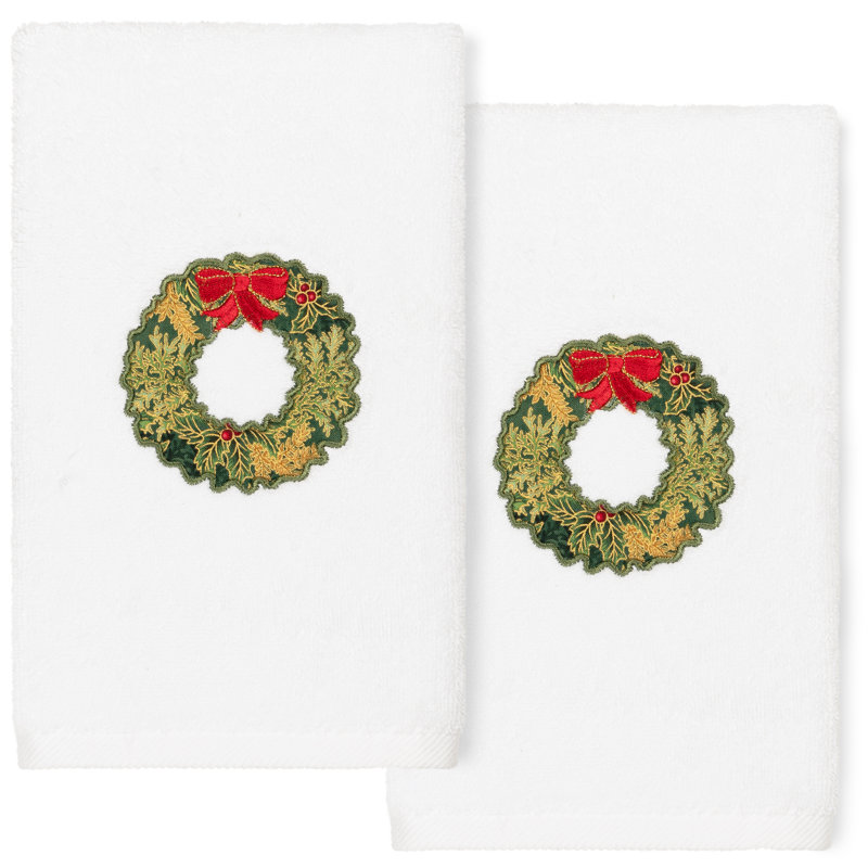 Ensemble 2 serviettes de bain en coton turc avec couronne de Noël Christmas Hand Towels, Blanc