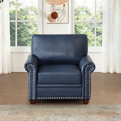 Faux Leather Accent Sofa Chair,35" W Upholstered Mid Century Modern Armchair with Rivet Rolled Arm, Deep Seat Comfy Single Sofa Chair for Living Room, Bedroom, Apartment, Office
