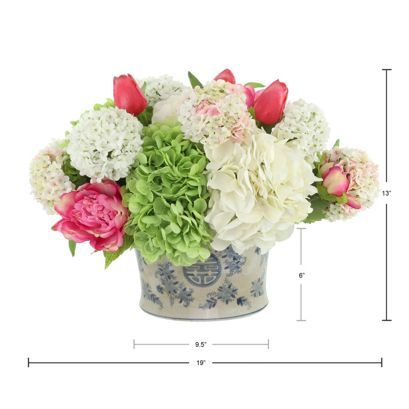 Hydrangea, Viburnum and Peony Arranged in a Ceramic Pot