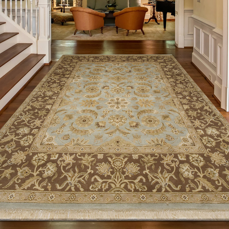 Tapis bleu clair et brun de haute qualité noué à la main, Rectangle de 5 pi x 8 pi