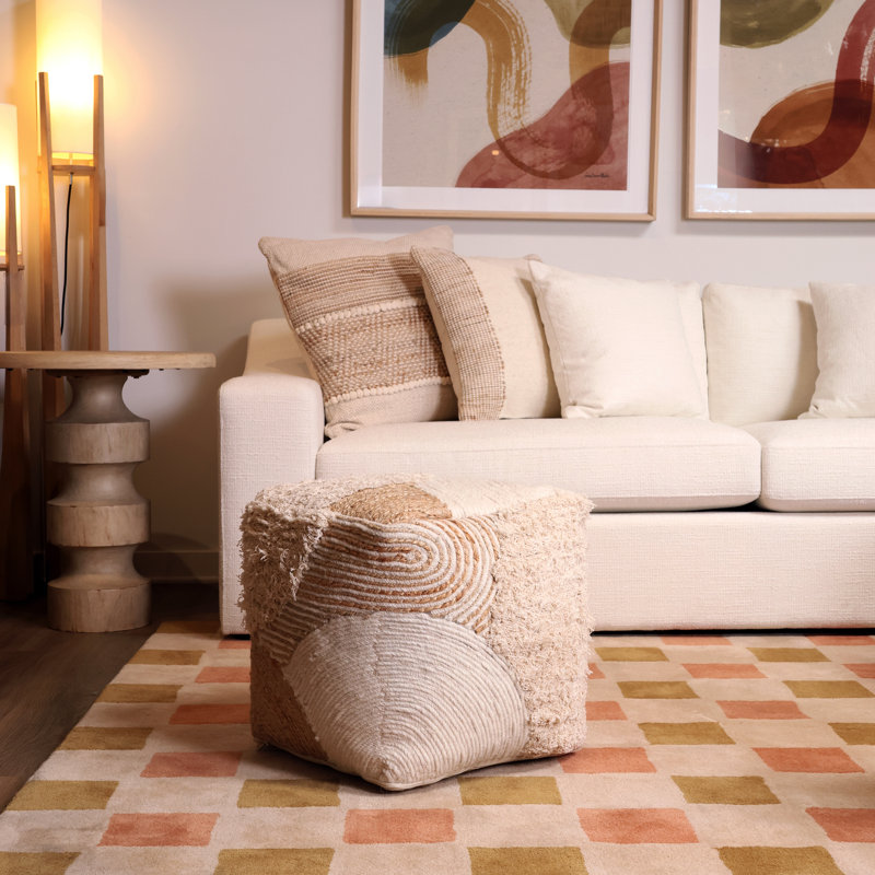 Emmeline Wool Upholstered Ottoman, White with Neutral Tones