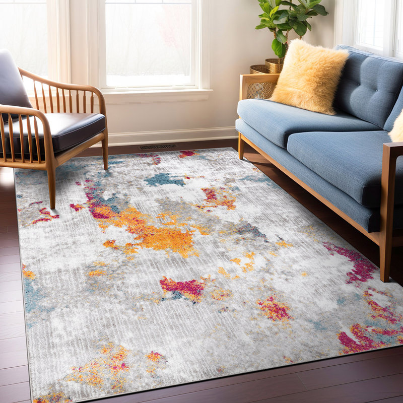 Sanak Abstract Pink/Grey/Orange Area Rug, Rectangle 7'10" x 10'