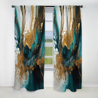 Turquoise And Gold Sculpting Space - Abstract Curtain - Blackout Geometric Curtain - 1 Panels