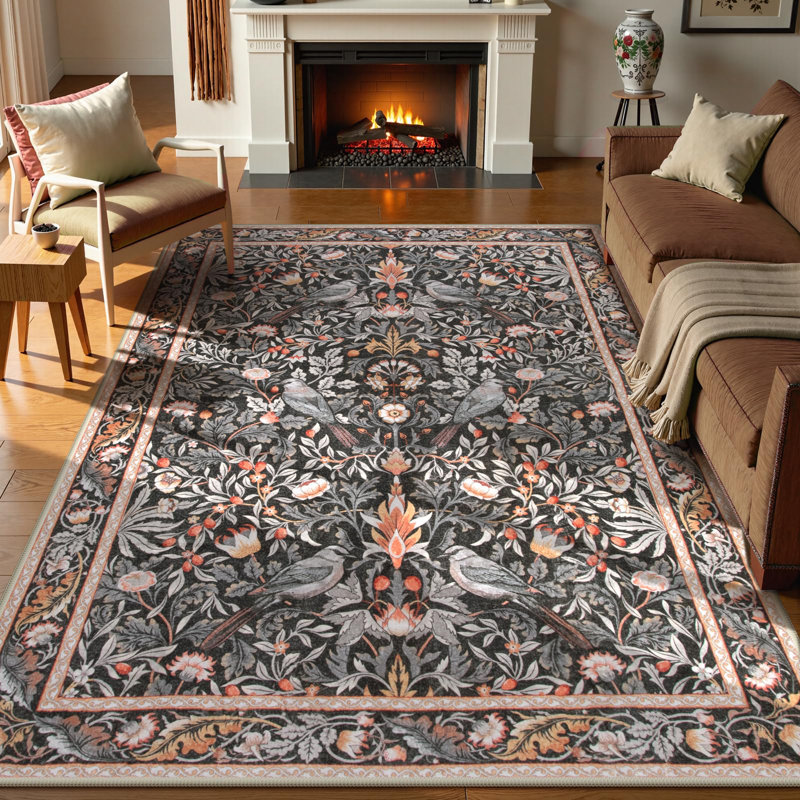  Vintage Bird Washable Area Rugs for Living Room Floral Soft Rug Low Pile Print Carpet, Rectangle 8' x 10'