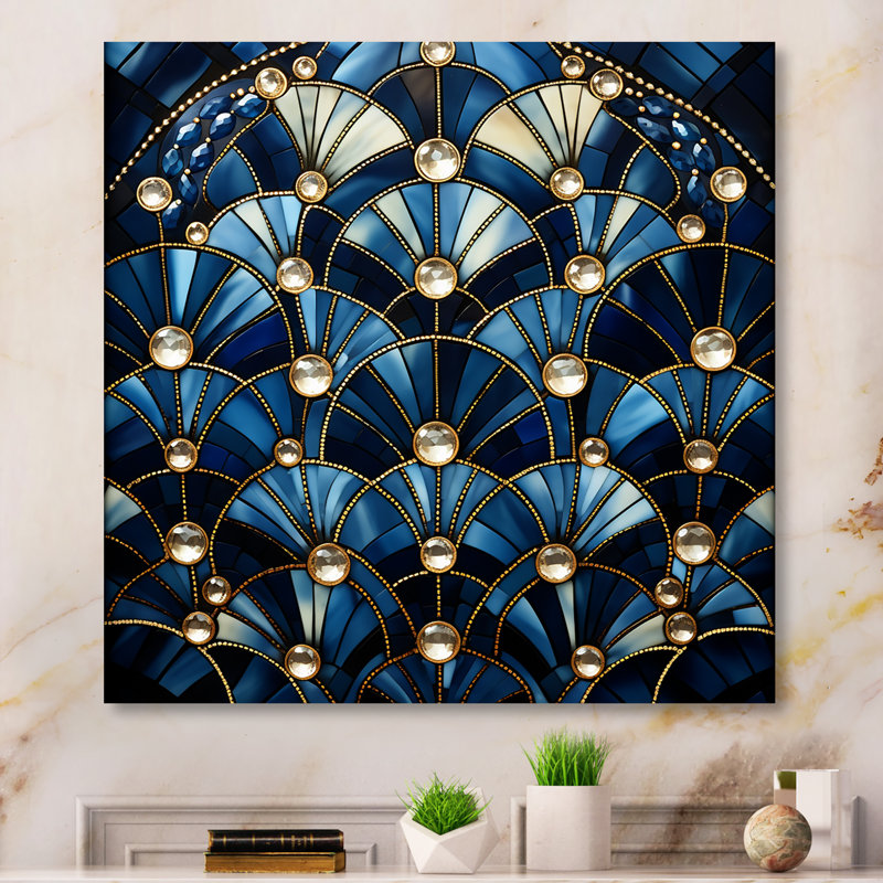 Art déco bleu Golden Tile Elegance 1 II - art mural géométrique en métal, H 36 po x l 36 po