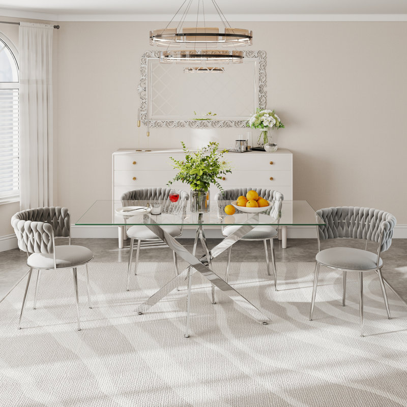 Clear Rectangle Pedestal Dining Set with Weaven Velvet Dininig Chair, 29.5"H x 63"L x 31.5"W, Silver/Gray