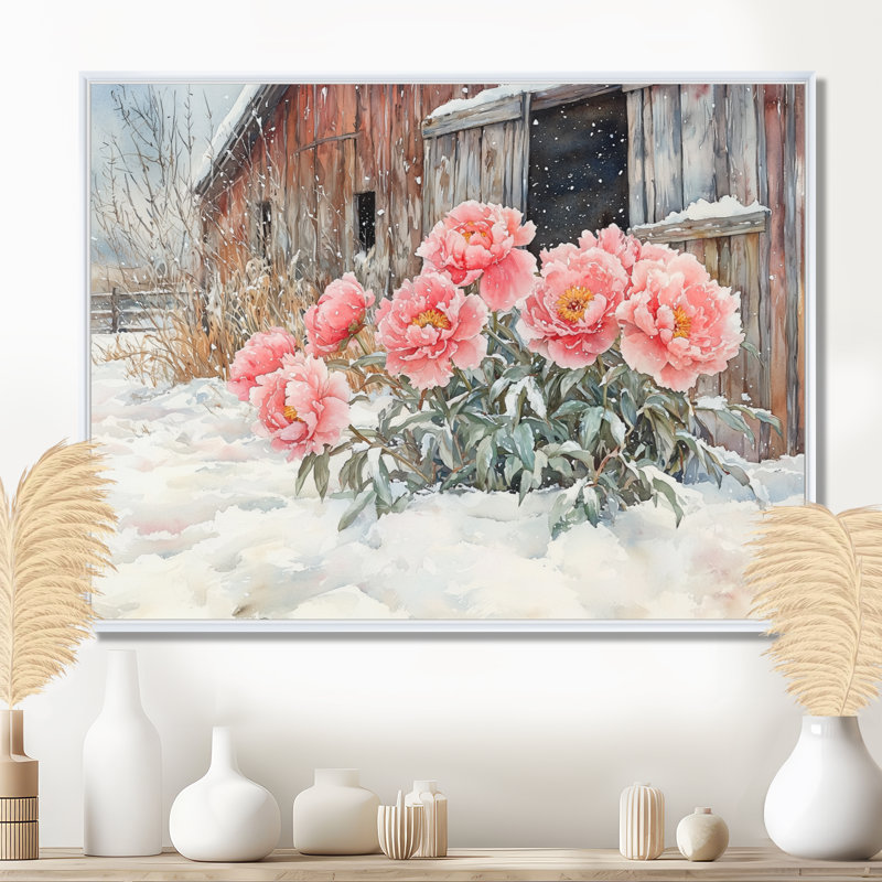 Doyers pivoines par la grange enneigée - pivoines, art mural pour le salon, H 24 po x l 32 po, Impression encadrée flottante