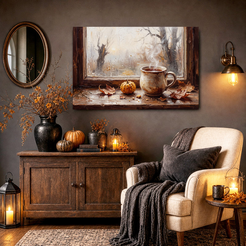 Tasse de café fumant et citrouille sur toile murale en bois pour l'Halloween, 12"H x 18"W