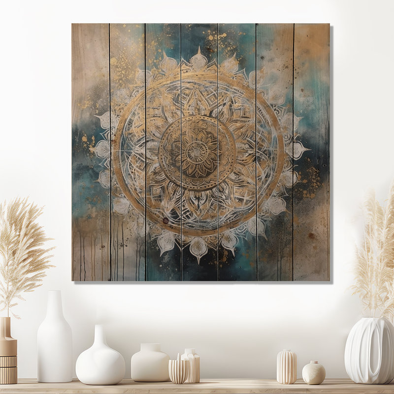 Sarcelle et or Mandala III - impression d'art mural en bois Boho Mandala, H 30 po x l 30 po x P 0,78 po