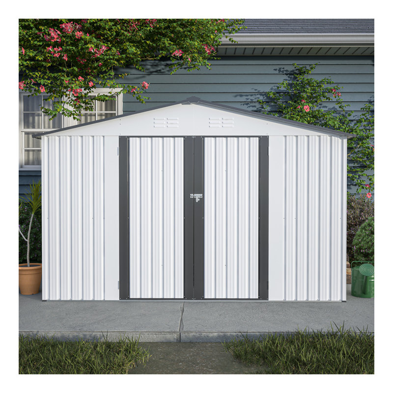 Remise de rangement extérieure 10 pi x 8 pi, remise en métal toutes saisons avec portes verrouillables, remise à outils pour le jardin, le patio, la cour arrière, la pelouse, gris