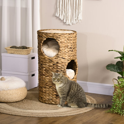 Tour pour chat surélevée avec trois cachettes, quatre coussins moelleux moelleux et des grottes de chaton tissées à plusieurs couches