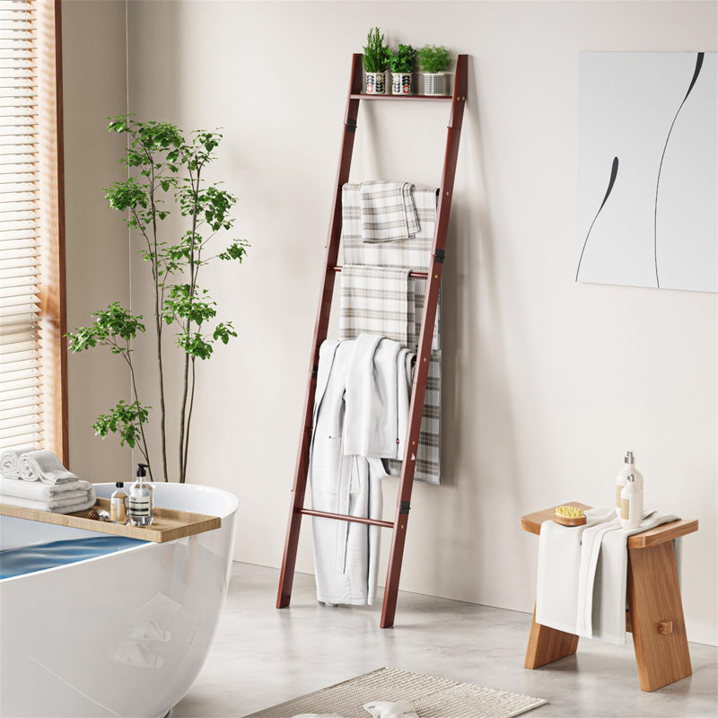 6-Tier Blanket Ladder For Living Room, Blanket Quilt Ladder Rack, Brown