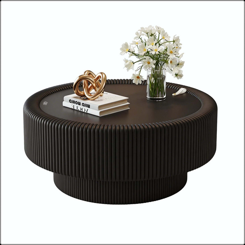 Table basse ronde avec rangement cannelé et plateau en verre trempé, 15.75" H x 31.5" W x 31.5" D, Black