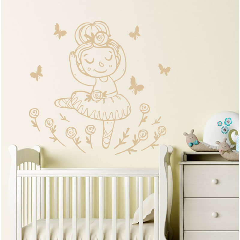 Décalcomanie murale ballerine avec papillons dessiné, Beige
