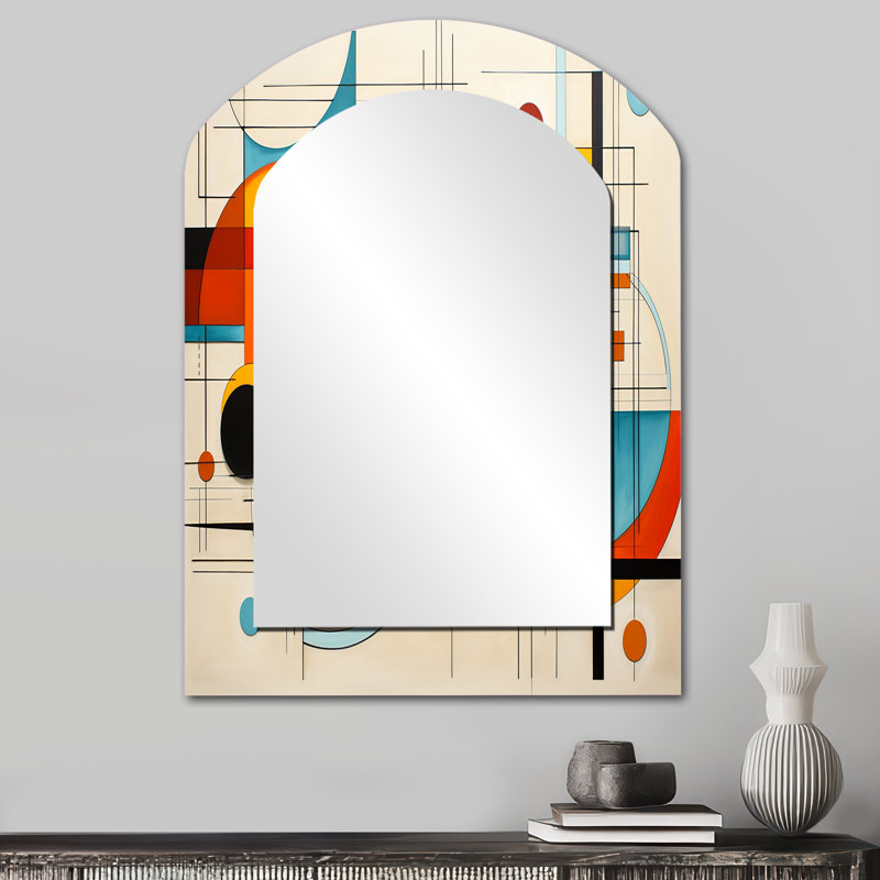 Orange Blue Mid Century Graphic Geometrics - Midcentury Modern Asymmetrical Decorative Mirror, Modern Arch Wall Mirror, Printed Metal Art