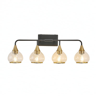 Applique murale moderne 31 po à 4 lumières pour meuble-lavabo 31 po - Luminaire de salle de bain noir et doré avec abat-jour en verre transparent, lampe murale industrielle pour miroir, meuble-lavabo et espaces de vie (ampoule non incluse)