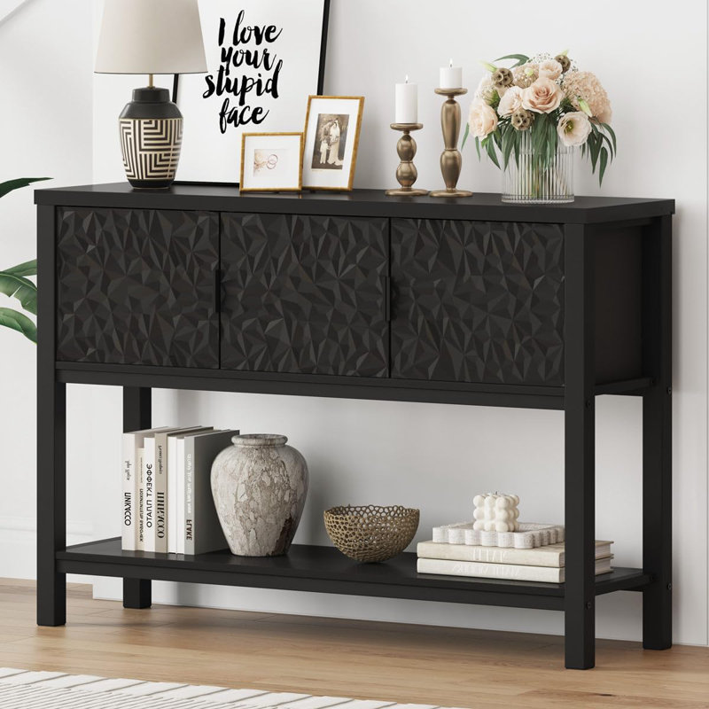 Modern Console Sofa Table With Storage, 47.24 Inch Wide Entryway Table With Shelves And Cabinets, Black Couch Table For Living Room, Hallway, Dining Room