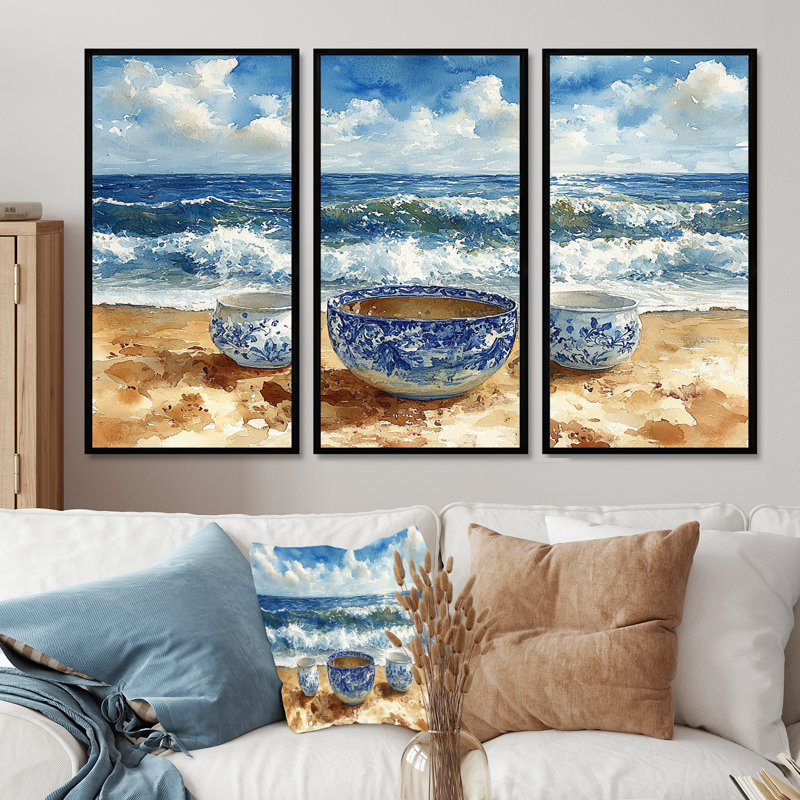 Poterie de plage dans des tons bleus et blancs - Ensemble de décorations murales de plage, H 28 po x l 36 po x P 1 po