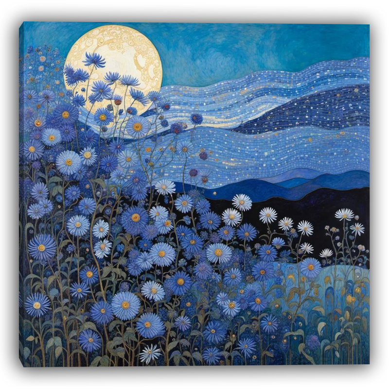 Moonlit Wildflowers - Starry Blue Floral Canvas Art, 20" H x 20" W