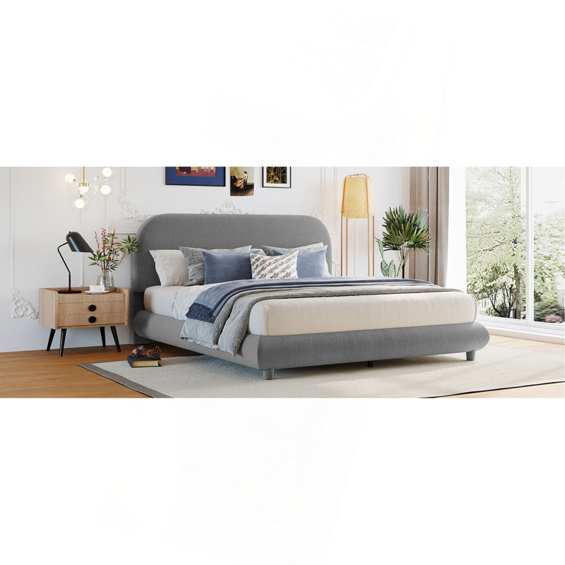 Lit plateforme tapissier grand en molleton Teddy avec tissu épais, structure solide et design élégant en forme de courbe, gris
