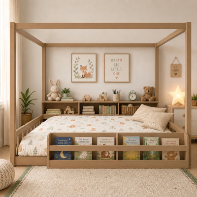 Lit Montessori au sol pour enfant, de taille standard, avec barrière et garde-corps, cadre de lit en bois avec tablette et rangement, baldaquin, sommier à lattes, brun foncé