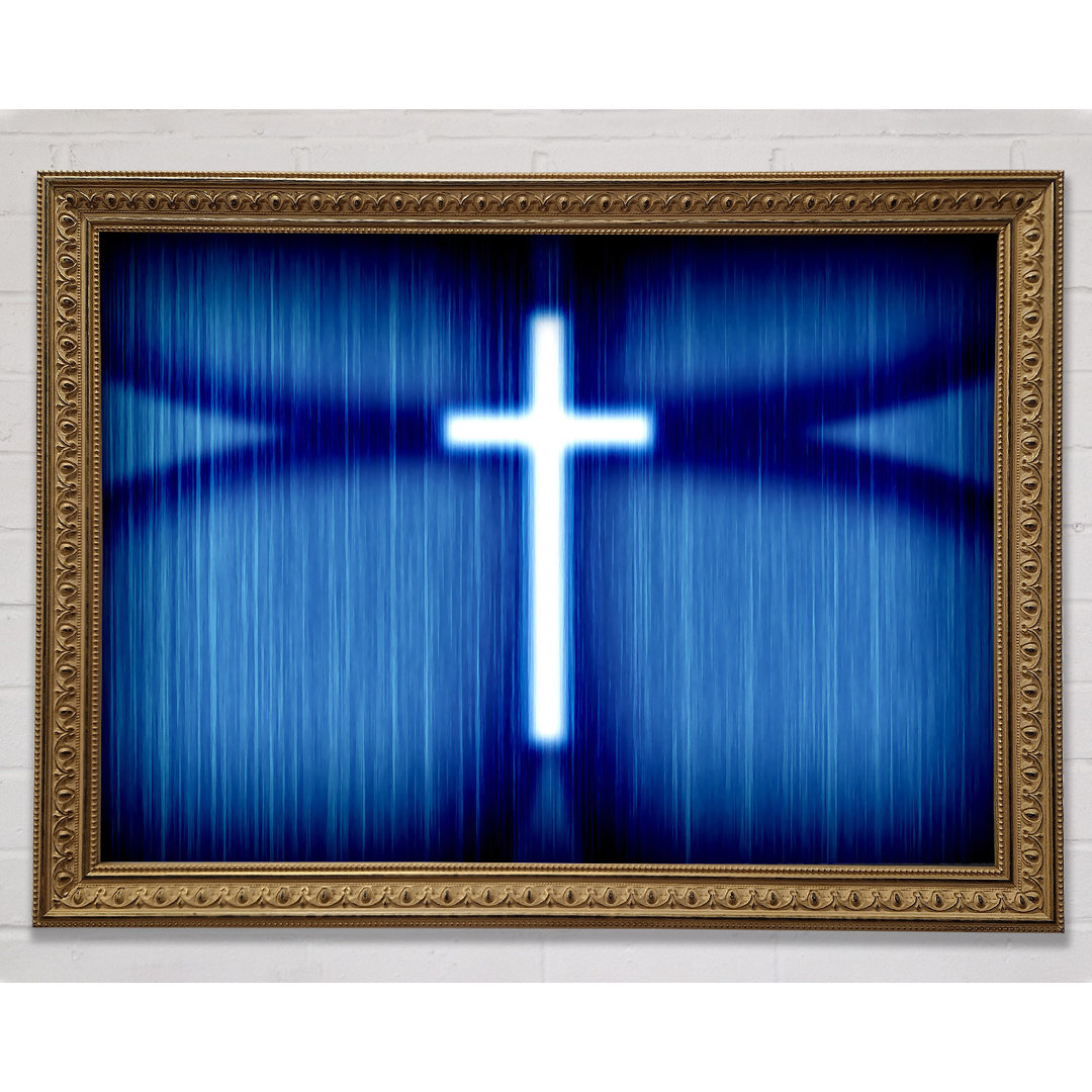 Christliches Goldkreuz mit blauem Hintergrund Gerahmter Druck